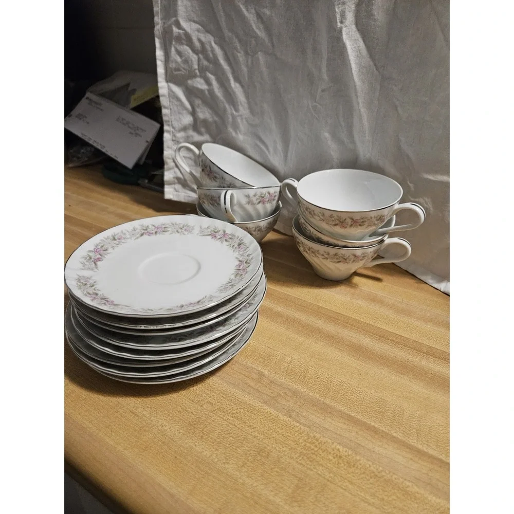 Vintage Teahouse Rose Dansico Fine China, (set of 6) Cup & Saucers, Pink Floral